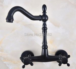 Grifos de fregadero de baño aceite frotado de bronce negro cocina grifo montado en la pared de doble manguera mezcladora toque lnf814