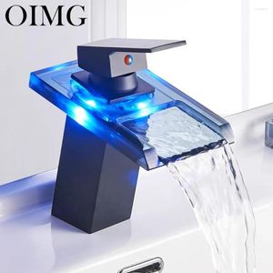 Badkamer wastafel kranen oimg mat zwart led bassin kraan de waterval temperatuur kleuren veranderen wasglas tikken mixer tap dek gemonteerd