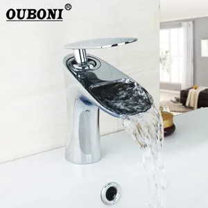 Robinets de lavabo de salle de bains OUBONI argent pont monté cascade lavabo robinet mélangeur robinets Chrome poli