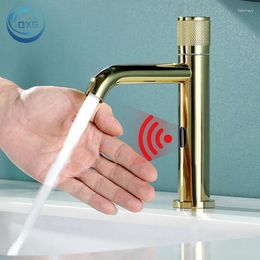 Robinets d'évier de salle de bain oxg robinets de bassin doré brillant capteur intelligent de l'eau froide ne supporte que le travail d'induction / le travail manuel