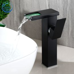 Grifos para lavabo de baño OXG Grifo para lavabo de baño LED con cascada de latón corto/alto Mezclador en frío Grifo para fregadero con grúa Cambio de color negro Accionado por flujo de agua 230311