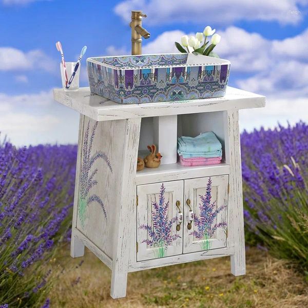 Grifos del fregadero del baño Piso pastoral Combinación de gabinete de madera maciza Pintado a mano Lavanda Blanca Como lavabo antiguo