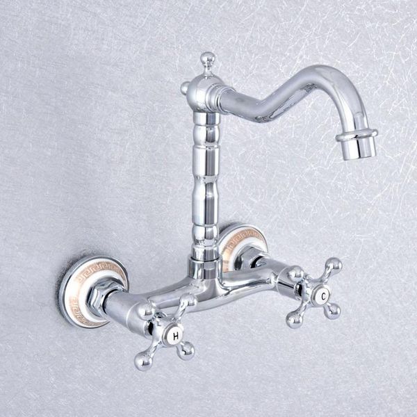 Robinets De Lavabo De Salle De Bains Chrome Poli En Laiton Fixé Au Mur Double Croix Poignées Robinet De Cuisine Mitigeur Bec Pivotant Lsf781