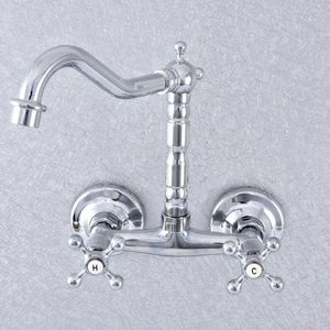 Robinets de lavabo de salle de bain Robinet en chrome poli Bassin mural Bec pivotant à 360 degrés Robinet mitigeur d'eau froide à double poignée Lsf784