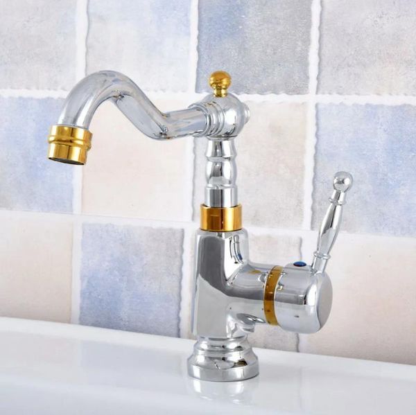 Robinets d'évier de salle de bain Chrome Gold Color en laiton robinet de cuisine à manche monofuge à manche pivotant de bassin monté sur pont de bassin monté LSF802