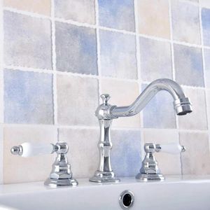 Robinets de lavabo de salle de bains, robinet mitigeur en argent chromé poli, deux poignées, lavabo à 3 trous, robinets d'eau froide Nnf540