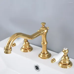 Badkamer wastafel kranen gepolijst gouden bassin messing dek gemonteerd dubbele handgreep 3 gat en koud water tap lnf982