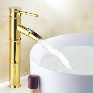 Robinets de lavabo de salle de bain Gold Color Color Brass Bamboo Style Single Handle Lever Basin Basin robinet mélangeur Waterfall Water Tap Agf004