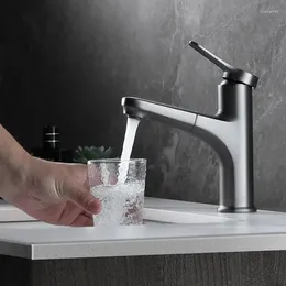 Robinets d'évier de salle de bains extractible gris blanc, mitigeur à poignée unique dans le lavabo noir, luminaire de maison