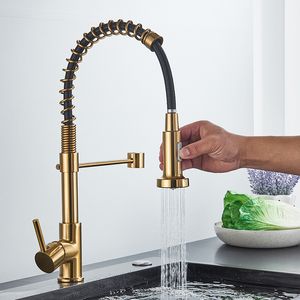 Bathroom Sink Faucets Quyanre Brushed Gold Kitchen Faucet Pull Down Single Handle Mixer Tap 360 Rotation Torneira Cozinha 230616