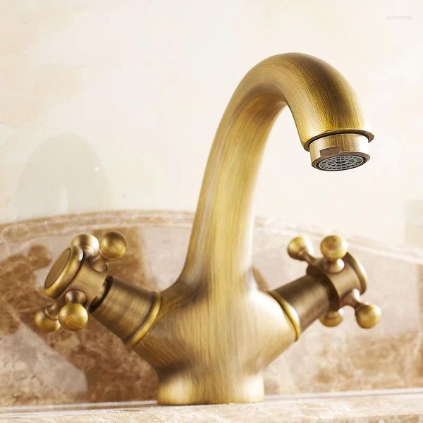 Robinets de lavabo de salle de bain Rétro Daul Habet Wash Basin Robinet et Cold Antique Copper Brass Mixer Tap 2 Entrée