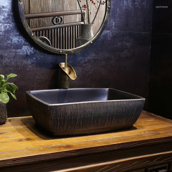 Robinets de lavabo de salle de bains Bassin de table rétro Lavabo en céramique rectangulaire Lavage de style chinois