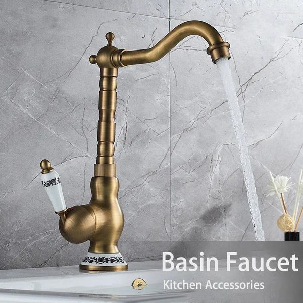 Grifos de lavabo de baño, grifo mezclador de bronce romano, mango de cerámica giratorio, cuerpo redondo, grifo de lavabo antiguo europeo, accesorios de cocina