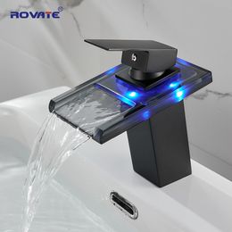 Grifos para lavabo de baño ROVATE Lavabo para baño Grifo de vidrio LED RBG 3 colores Cascada de luz Monomando Grifo mezclador de un solo orificio / Grifo Negro mate 230311