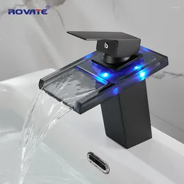 Grifos de lavabo de baño grifo de vidrio LED RBG 3 colores Waterfall Light Single Many Mideler Taucet/grifo (negro mate))