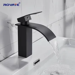 Grifos de lavabo de baño Rovate Matte Negro Negro cascada tocador fría y mezcladora bañador de latón sólido moderno