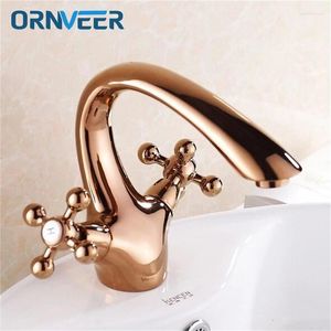 Robinets d'évier de salle de bain Royal Gold Pared Double Handle Robinet Rose Rose Brass Basin Tap RG-006