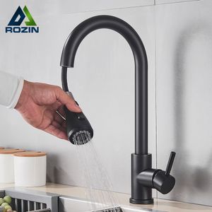 Bathroom Sink Faucets Rozin Black Kitchen Faucet Single Hole Pull Out Spout Mixer Tap Stream Sprayer Head ChromeBlack 230616