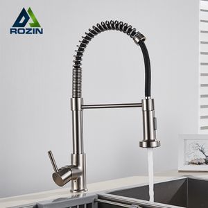 Bathroom Sink Faucets Rozin Brushed Nickel Kitchen Faucet Deck Mounted Mixer Tap 360 Degree Rotation Stream Sprayer Nozzle Cold Taps 230616