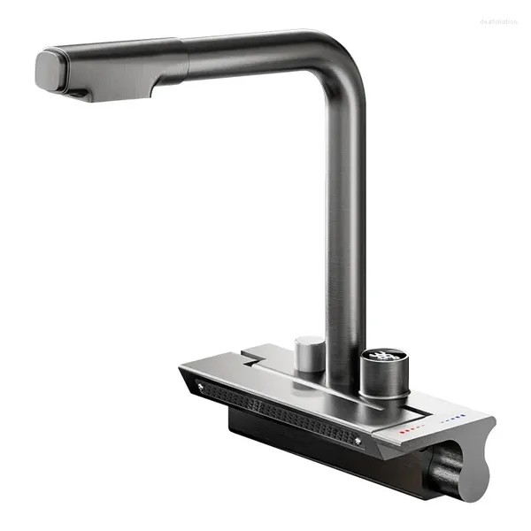 Grifos del fregadero del baño Rozin Rainfall Gourmet Kitchen Faucet Temperatura Pantalla digital Pull Out Boquilla Mezclador Tap Luxury Single Hole 2 Way