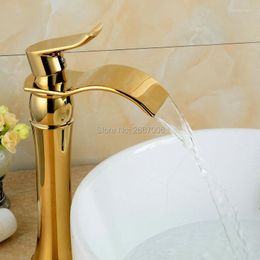 Robinets d'évier de salle de bains Vente Design Robinet en laiton à bec large Robinet mitigeur de lavabo à cascade dorée ZR458