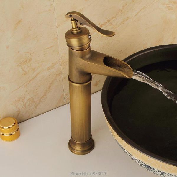 Grifos para lavabo de baño, lavabo para cuarto de baño, grifo de latón, tocador, cascada, alto, un solo orificio, mezcla de bronce y frío