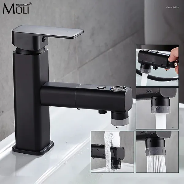 Robinets d'évier de salle de bain robinet noir à handle avec pulvérisateur de traction trois modes d'écoulement à eau Basin de vanité de lavage Taps ML1490