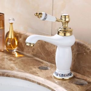 Robinets d'évier de salle de bains mitigeur à poignée unique, robinet latin en cuivre et laiton, lavabo de haute qualité, robinets à finition dorée en céramique blanche