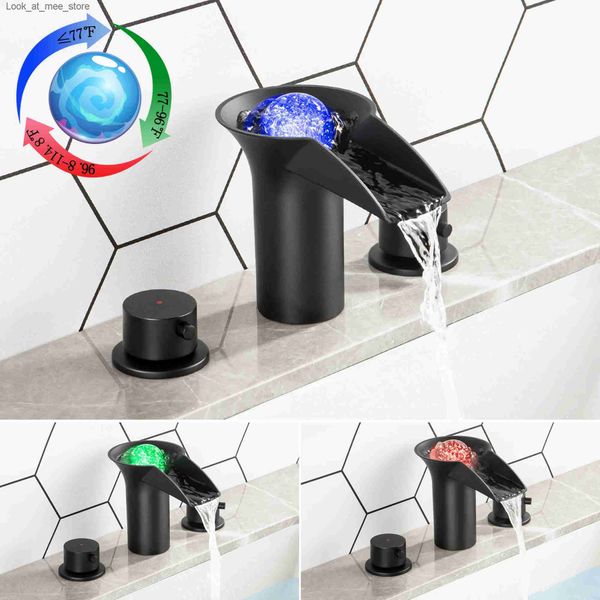 Robinets de lavabo de salle de bain SKOWLL Robinet de salle de bain avant de 8 pouces de large avec 3 trous LED cascade coiffeuse évier robinet à couleur changeante robinet d'eau noir mat Q240301