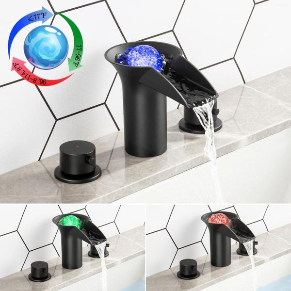 Grifos del fregadero del baño SKOWLL 8 pulgadas Grifo generalizado 3 orificios LED Cascada Vanidad Cambio de color Agua Mate Negro