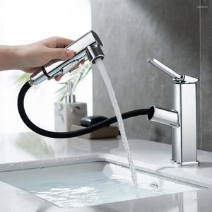 Grifos para lavabo de baño Grifo SKOWLL Tocador de montaje en cubierta con rociador extraíble Lavabo de un solo orificio SK-5705 Cromo pulido