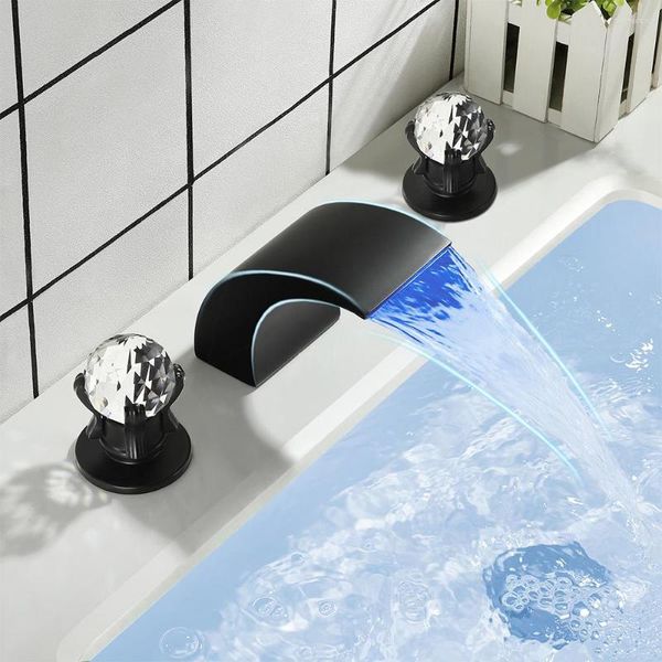 Grifos de lavabo de baño SKOWLL LED Negro Grifo de lavabo Cascada Montaje en cubierta Tina 2 Mango de cristal Grifo mezclador de tocador Mate