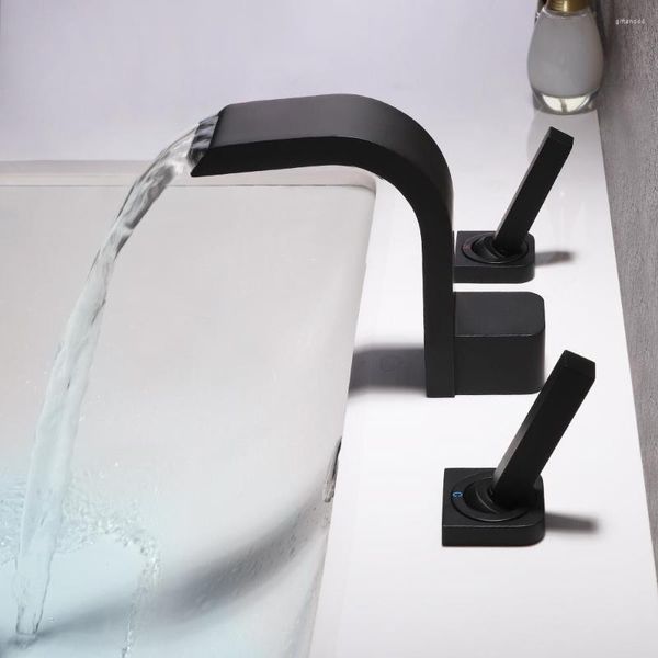 Grifos de lavabo de baño SKOWLL Grifo de cascada Montaje en cubierta Relleno de bañera 3 orificios 2 manijas Grifo mezclador de lavabo Negro mate HG-1121