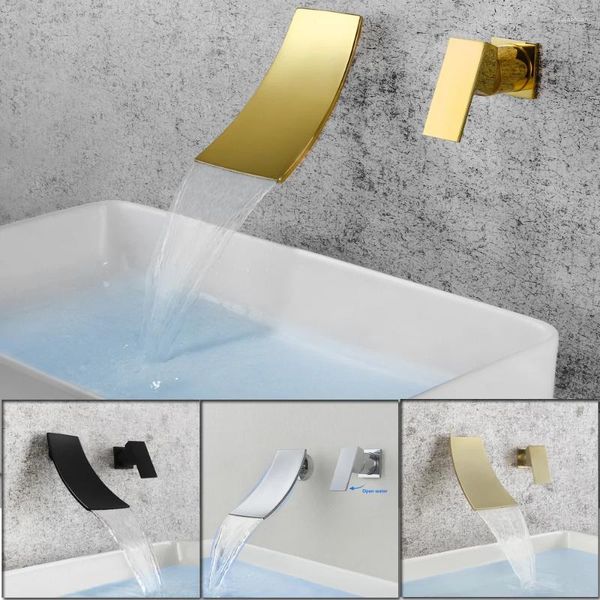 Grifos de lavabo de baño SKOWLL Cascada Bañera Grifo Montaje en pared Bañera Relleno Sola manija Vanidad Titanio Oro HG-300