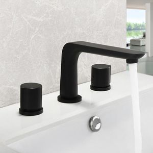 Badkamer wastafel kranen skowll wijdverbreide kraan 3 gat Roman Tub Deck Mount Bathtub 360 Swivel ijdelheid SK-6753 zwart