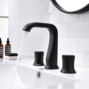 Grifos para lavabo de baño SKOWLL Grifo generalizado Tocador de 3 orificios Baño moderno Lavabo de 2 manijas HG-6763 Negro mate