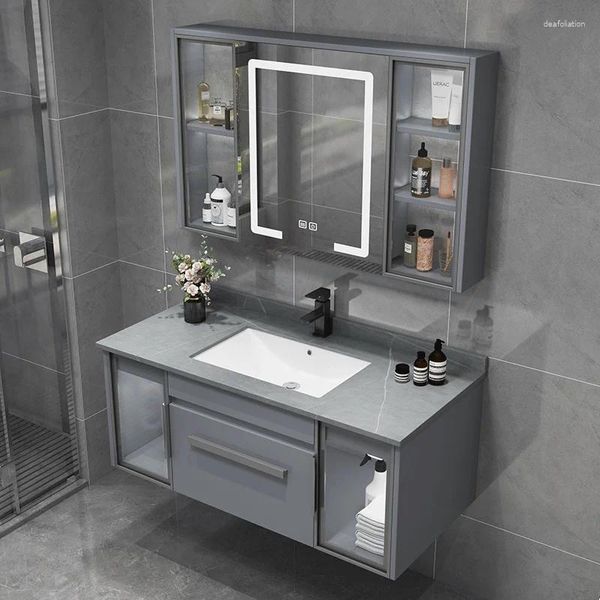 Robinets d'évier de salle de bains Combinaison d'armoire intelligente Lavage à la main Céramique Inter-plate-forme intégrée Miroir de lavabo en bois massif