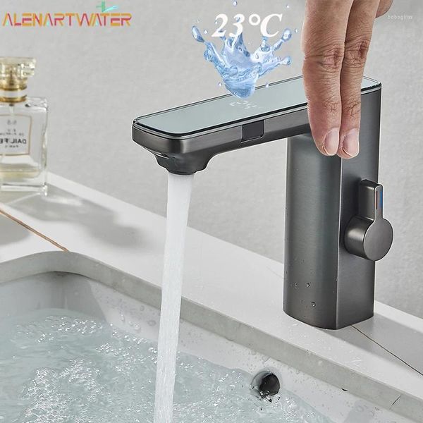 Robinets d'évier de salle de bain Smart Capteur LED Faucet Basin Infrarouge Mixer de cuisine et vanité froide Affichage numérique sans contact