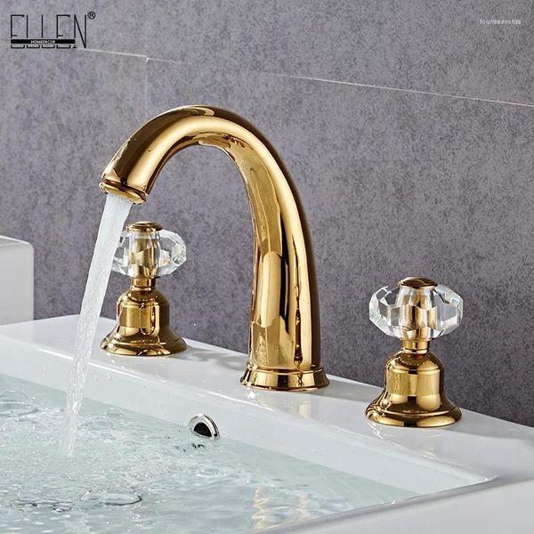 Grifos de lavabo de baño, grifo con acabado en oro y latón sólido, cisne dorado, doble manija, tres orificios, mezclador de lavabo, ELF1513G