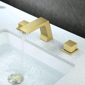 Grifos de lavabo de baño Grifo de oro cepillado de latón macizo para 3 orificios 2 manijas Cascada de lavabo negro generalizada