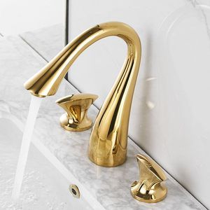 Grifos de lavabo de baño Grifo de lavabo chapado en oro de latón macizo Grifo de agua fría de doble manija de 3 orificios Grifos en forma de cuello de cisne europeo