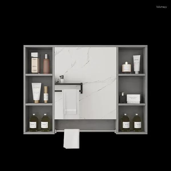 Grifos de lavabo de baño, gabinete de espejo de madera maciza, mesa montada en la pared, inodoro, lavado de manos, estante de almacenamiento