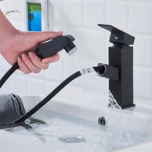 Grifos de lavabo de baño Grifo de lavabo cuadrado extraíble Cromo y negro Pulverizador de agua fría Grifo de un solo orificio Suministros montados en cubierta