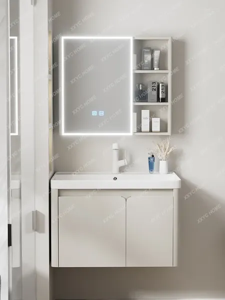 Grifos de lavabo de baño Combinación de gabinete de acero inoxidable Balcón Pequeño apartamento Lavabo de cerámica integrado Lavabo colgante de pared