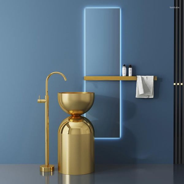 Robinets d'évier de salle de bains Type de colonne en acier inoxydable Lavabo Art Lavabo de sol intégré Piédestal en or