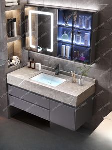 Robinets d'évier de salle de bains, plaque de pierre, armoire en bois massif, Table d'intelligence moderne, combinaison de lavabo