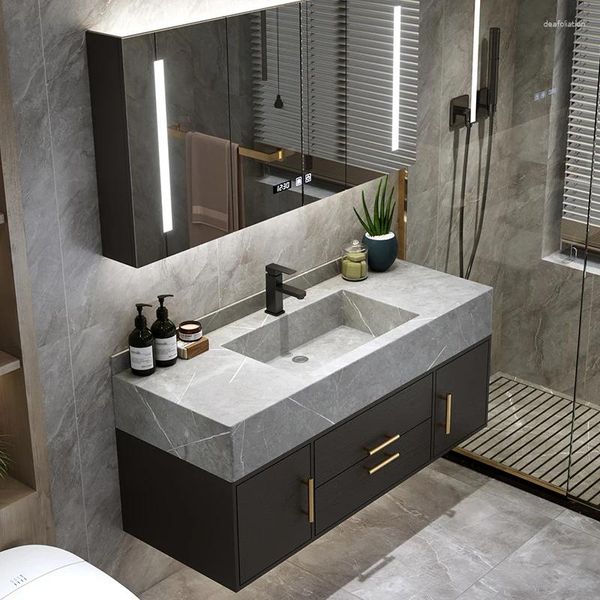 Grifos de lavabo de baño, placa de piedra, combinación de gabinete integrado, lavabo minimalista, espejo, juego de inodoro entre plataformas