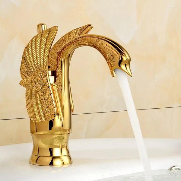 Robinets de lavabo de salle de bain Swan Shape Bather Robinet Tap Deck Mount un trou des robinets d'eau de luxe Gold Gold Color Brass Bassin