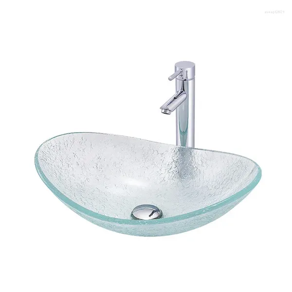 Grifos del fregadero del baño Lavabo de vidrio templado El minimalista Arte creativo Cuenca Encimera de cristal transparente Oval con tubo de drenaje