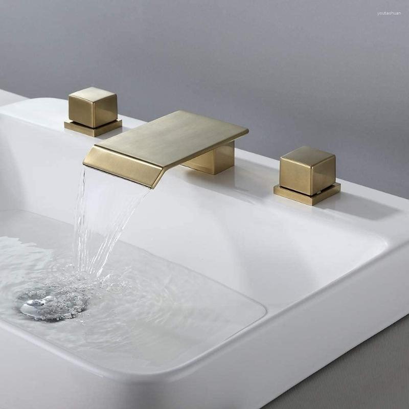 Bathroom Sink Faucets ThreeHole Double Square Handles Widespread Faucet Waterfall Solid Brass Chrome/Brushed Gold Black